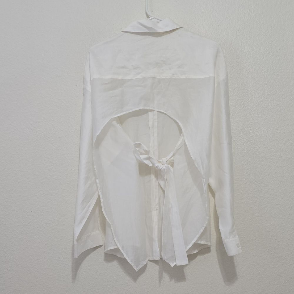 White Open-Back Tie, Gauzy Shirt - Women's Top L